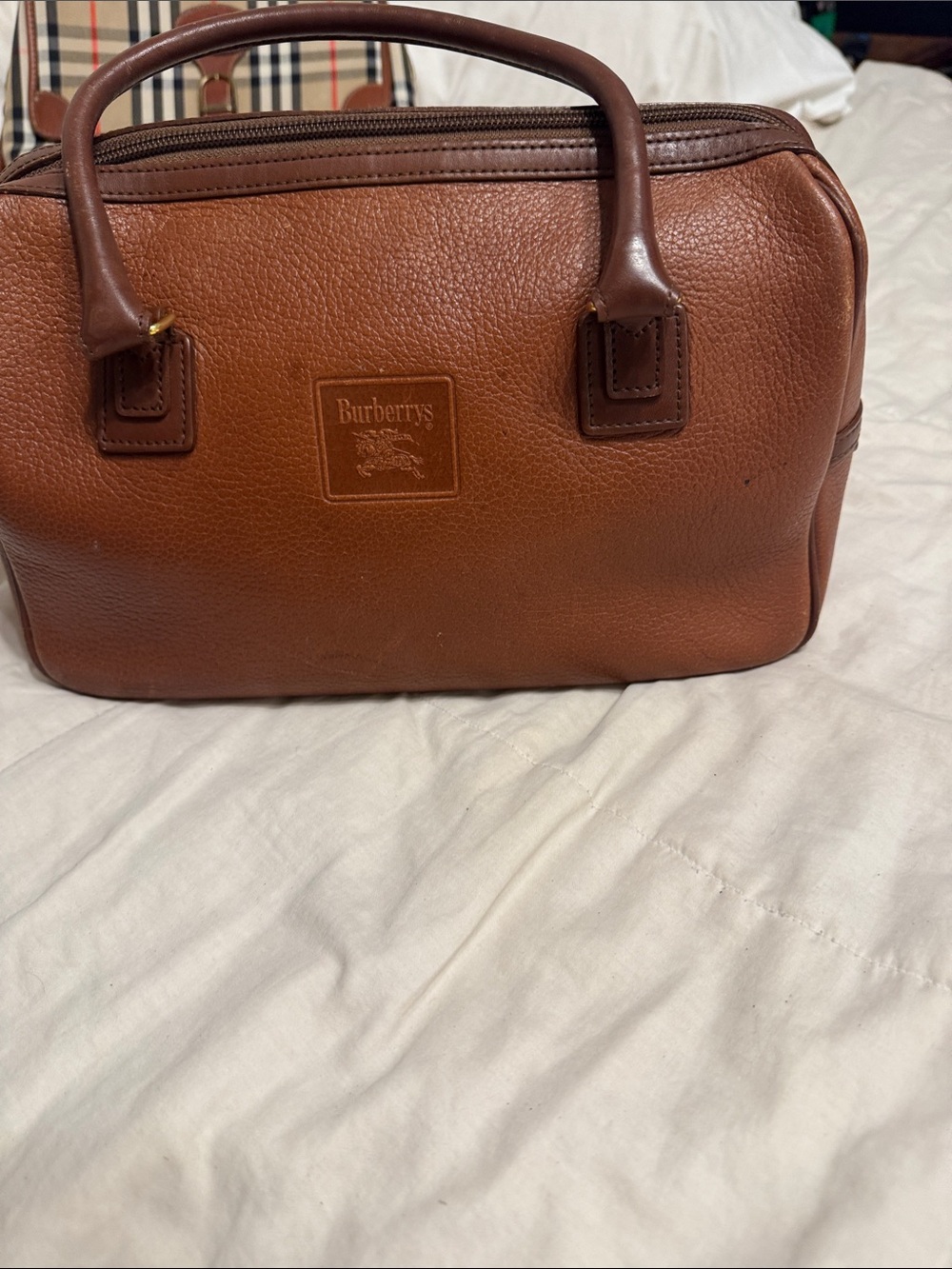 Burberrys Tan Brown Pebbled Leather Bag